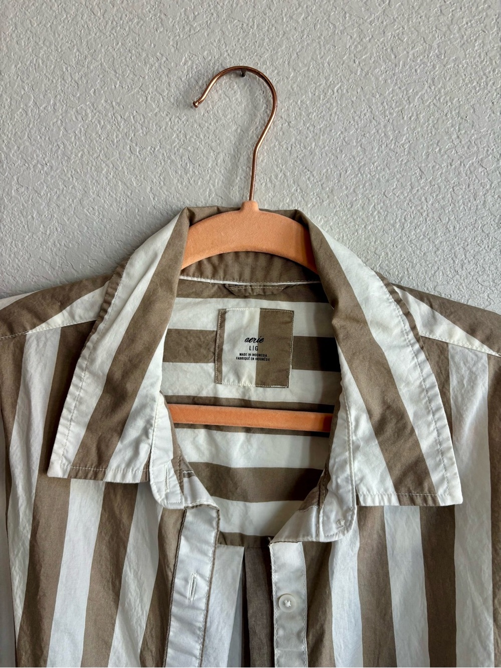 Aerie Oversized Ivory and Beige Vertical Stripe Button-Down Shirt - Picture 4 of 6
